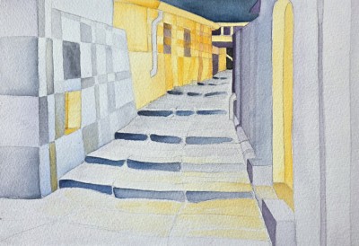 Aquarellbild mit  einer Strasse in abstrahierten Blau und Gelbtönen